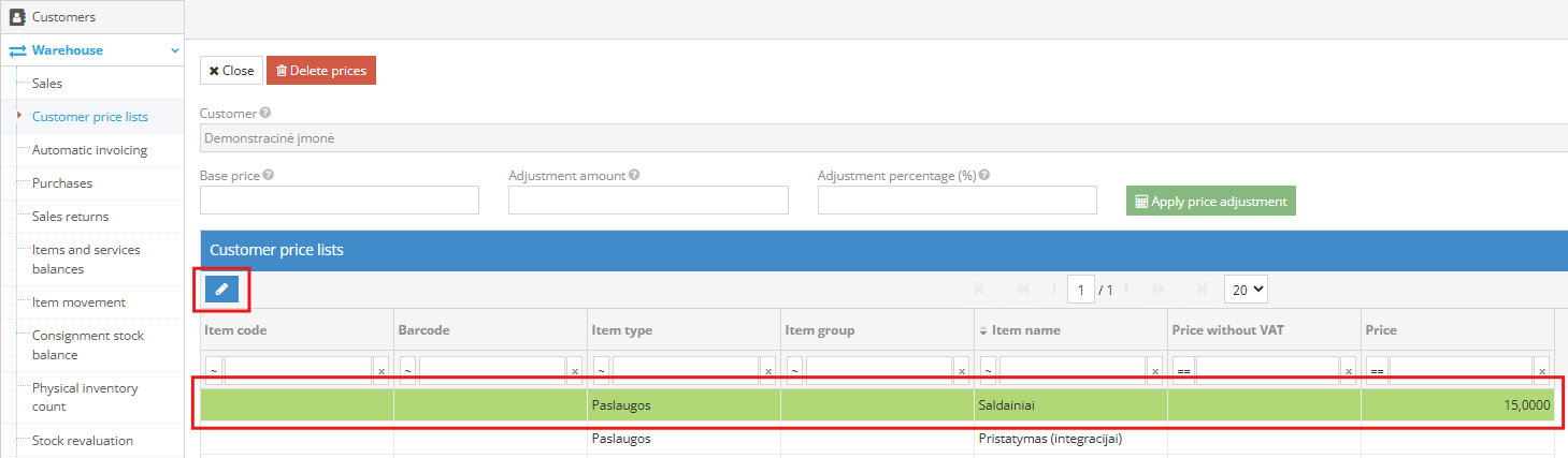 Kliento kainos pasirinkimo langas